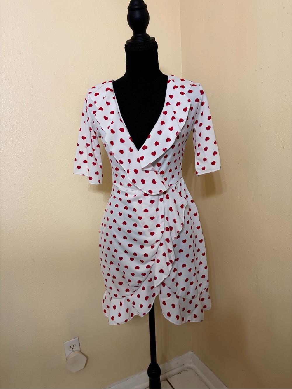 PrettyLittleThing White Mini Wrap Dress with Red Heart Print
